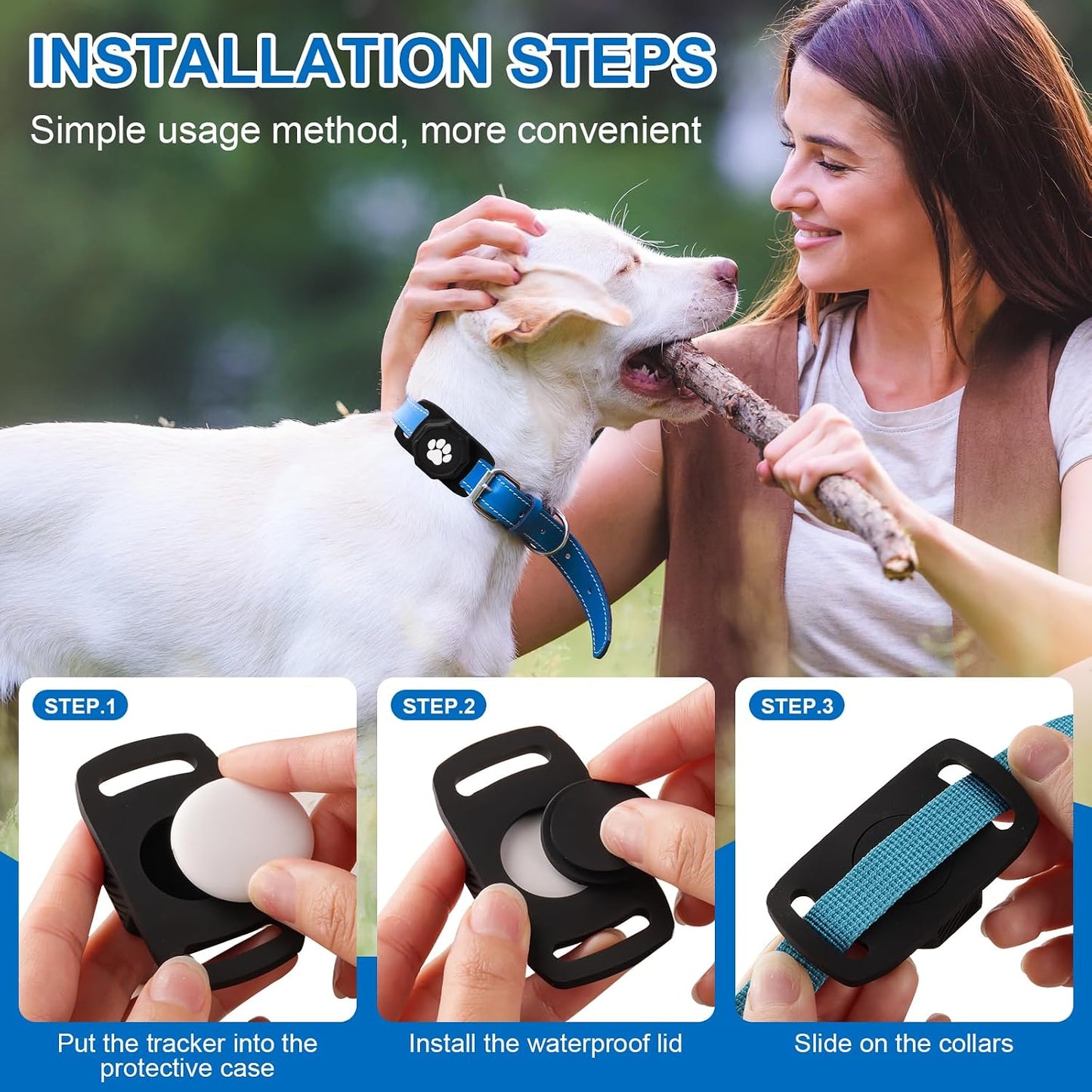 Smart Pet Tracker for Collar - Dog Tracker Pet Location Tracker with Holder | Real-Time Location, No Monthly Fee/ SIM Card, Work with IOS & Android, Ultra-Slim, IP68 Waterproof Holder Holder, Black